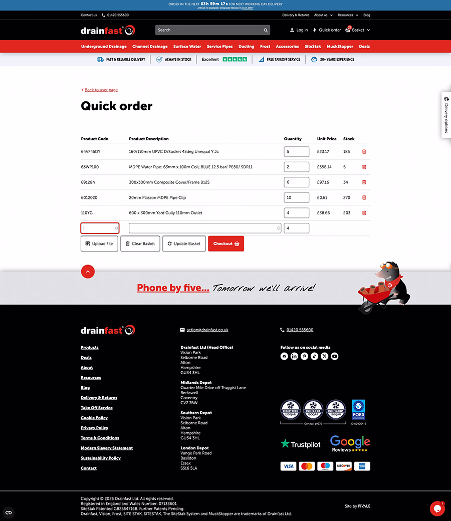 Drainfast quick order page screenshot on a MacBook.