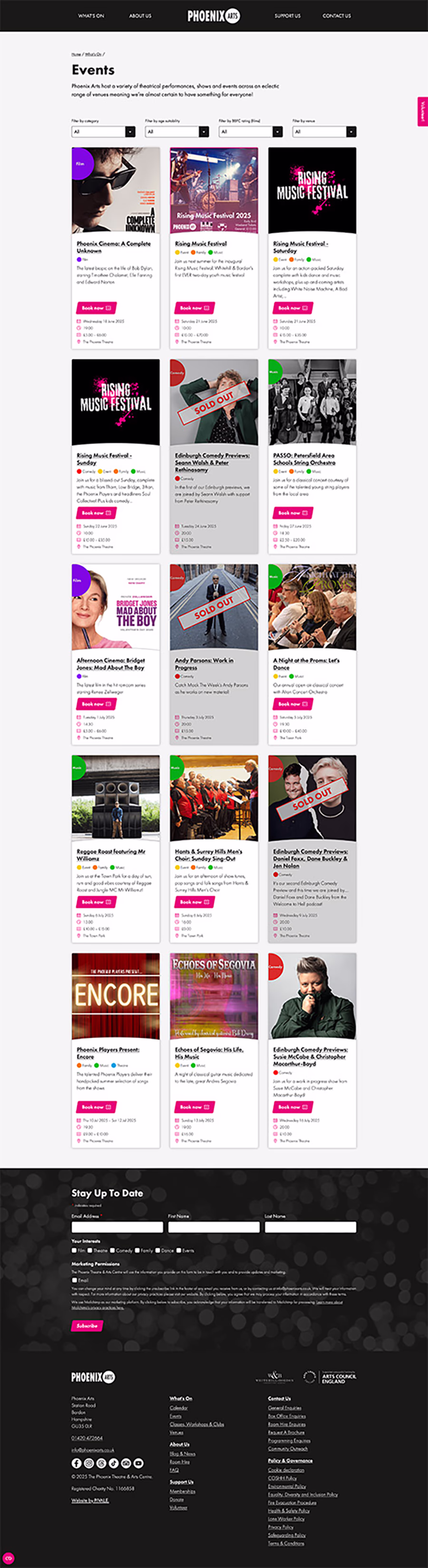 Phoenix Arts events page screenshot.