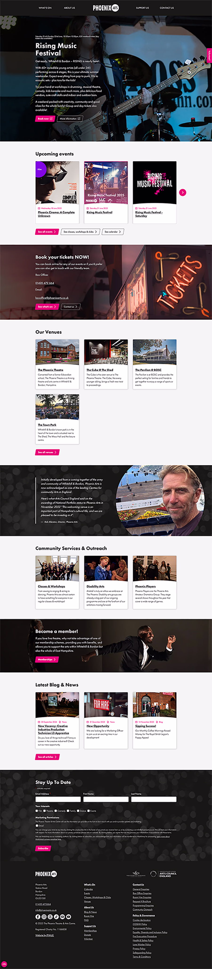 Phoenix Arts homepage screenshot.