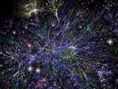 A visual representation of just how connected websites are to each other via links. The websites are represented by tiny dots and the links by long curved lines which connect the dots.