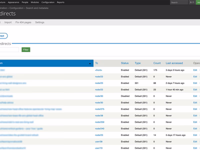 URL redirects list screenshot.