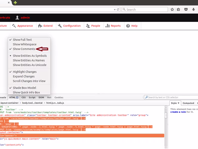 Inline template suggestions in Drupal 8's new theme template debug mode.