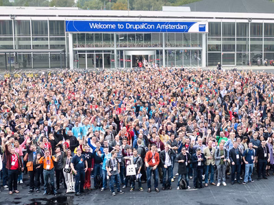 Thousands of drupal developers and users pose for a photograph outside of the RAI centre in Amsterdam for the 2014 DrupalCon.