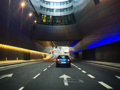 A car passing through one of the tunnels on the road in to Dublin City centre from the airport.