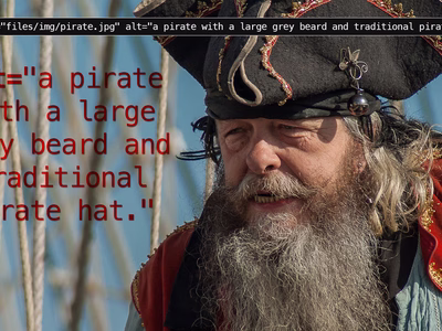A composite image showing the importance of image alt tags - the basis of which is a pirate with a large grey beard and traditional pirate hat and an alt tag which describes exactly that.