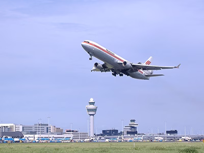 An aeroplane taking off from Schiphol airport in Amsterdam.