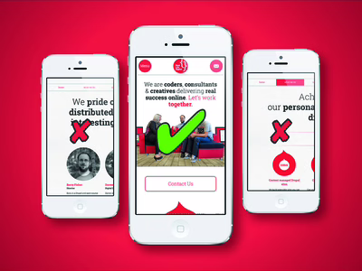 Three iPhones showing a responsive page and two that are not responsive.