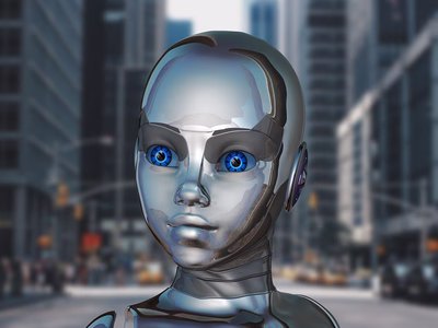 A shiny silver robot face with blue eyes.