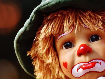 A sad looking clown doll.