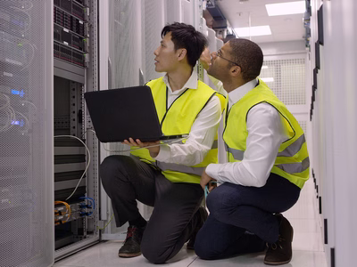 Two engineers knelt by a rack with a laptop performing maintenance.