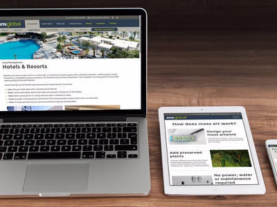 ANS Global: Company Website Hotels and Resorts page on an Apple Macbook, Moss Art page on an iPad and Find a GrufeKit Supplier page on an iPhone.