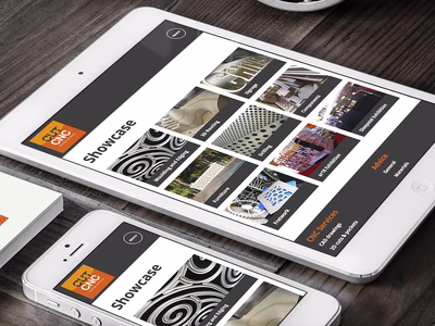 CUTcnc: Company Website Showcase page on an Apple iPad and an iPhone. Next to the two devices is a stack of CUTcnc business cards.