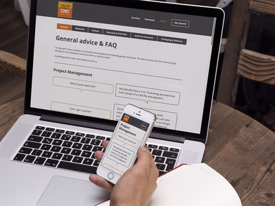 CUTcnc: Company Website FAQ on an Apple MacBook and an iPhone.