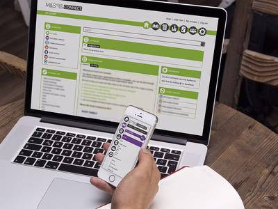 M&S: Food Tech Connect Extranet Home page on an Apple MacBook and Document Store on an iPhone.