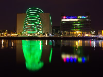The Convention Centre Dublin (CCD) - a large glass cylindrical building situated on Dublin's River Liffey.