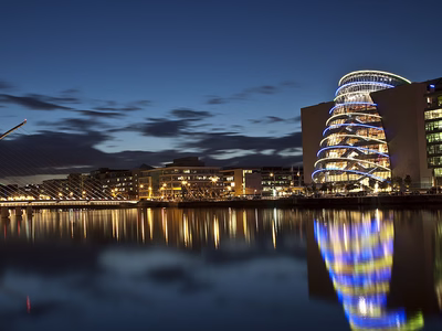 The Convention Centre Dublin (CCD) - a large glass cylindrical building situated on Dublin's River Liffey.