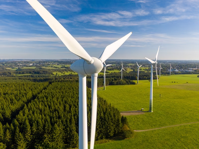 Wind turbines on a wind power sustainable green energy farm.
