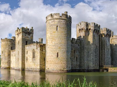 Moated castle Bodiam near Robertsbridge in East Sussex, England was built in 1385 to defend the area against French invasion during the Hundred Years' War.
