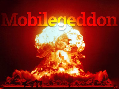 A nuclear explosion accompanied by the word: Mobilegeddon - a compound word of Mobile and armageddon.