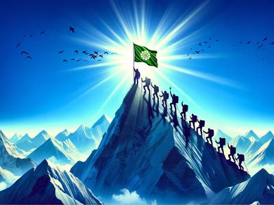 Illustration of people climbing a mountain peak with a successful free flag flown from the top