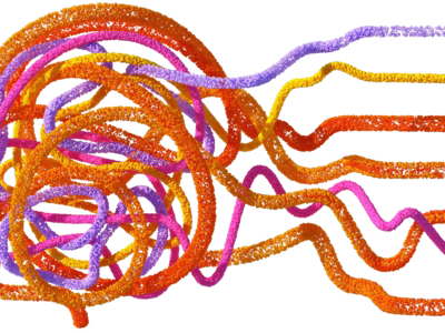 An abstract illustration of a human head and brain made up of strands of data