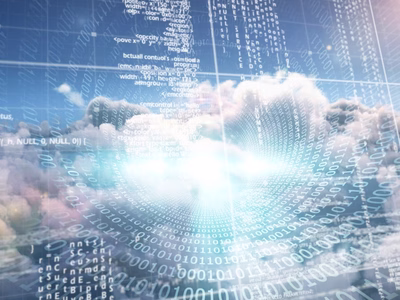 A sky scene with indecipherable technical information overlaid for effect indicating cloud hosting
