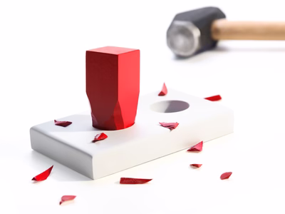 A square peg smashed in to a round hole with a hammer.