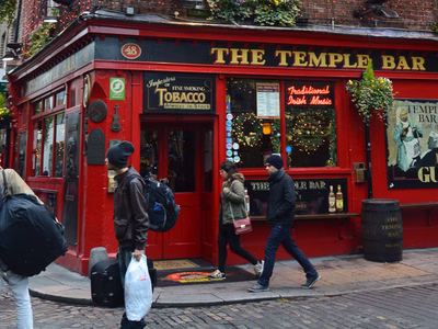 The Temple Bar in the Temple Bar District of Dublin - a red and black traditional Irish pub/bar.