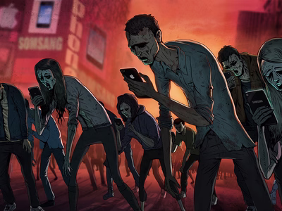 Social Media Zombies - Image by Steve Cutts - a crowd of zombies wandering aimlessly whilst looking at smart phones.