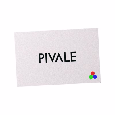 The Pivale logo shown on a business card along with an RGB icon