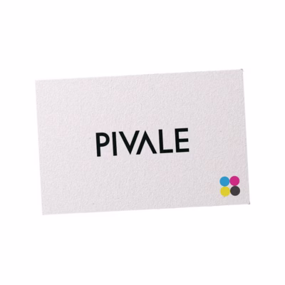 The Pivale logo shown on a business card along with a CMYK icon.