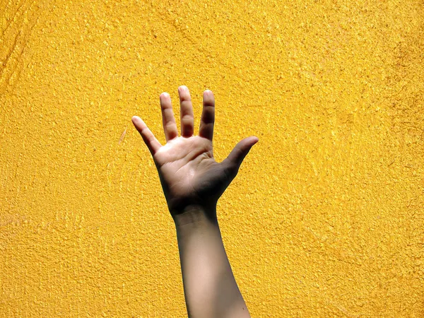 A hand with all four fingers and thumb up signifying '5 of something'" on a yellow gold textured backdrop.