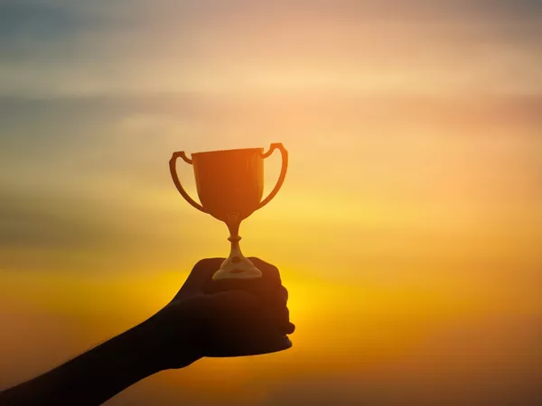 A trophy being held by a hand with a sunset background 