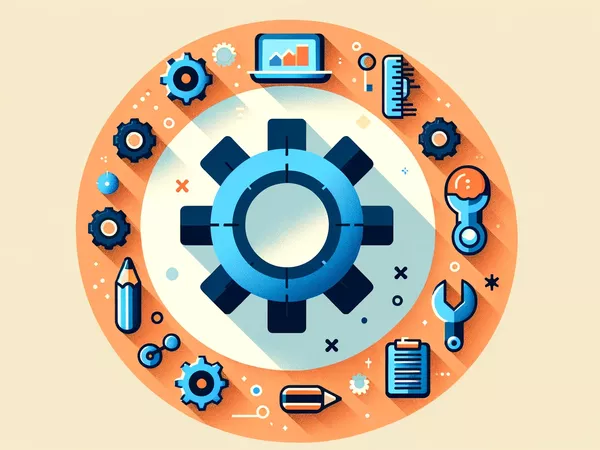 Illustration of a cog with surrounding technical drawings