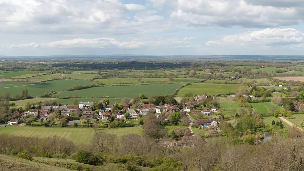 The village of Fulking and surrounds in West Sussex, England, viewed from Devil's Dyke.