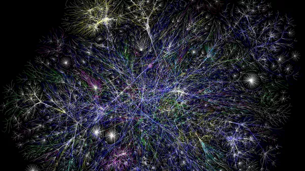 A visual representation of just how connected websites are to each other via links. The websites are represented by tiny dots and the links by long curved lines which connect the dots.