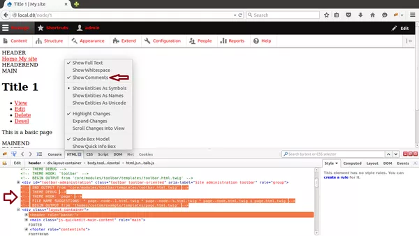 Inline template suggestions in Drupal 8's new theme template debug mode.