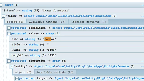 An example variables dump from Drupal Twig&apos;s Kint function..