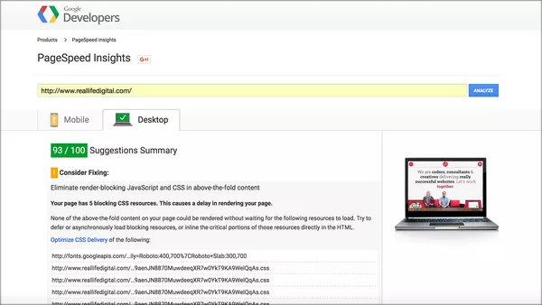 A screenshot of Google&apos;s PageSpeed Insights in action on Real Life Digital&apos;s website which has scored 93/100.