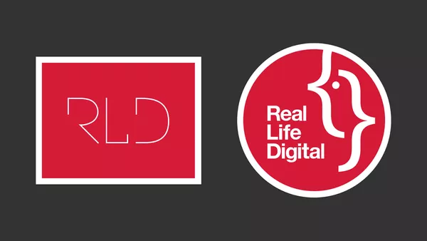 The old 'RLD' Real Life Design logo next to the new circular Real Life Digital logo on a dark grey background.