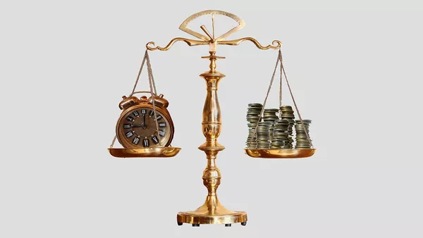 A pair of balancing scales. One one arm sits a clock signifying time and on the other piles of coins signifying money.