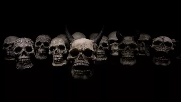 A scary looking row of skulls on a black background.