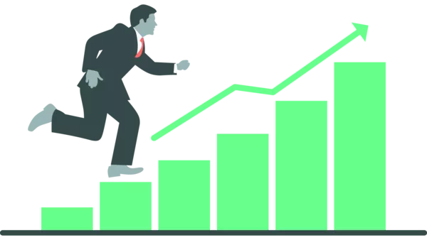 A man running up a bar chart which is growing - connoting business growth.