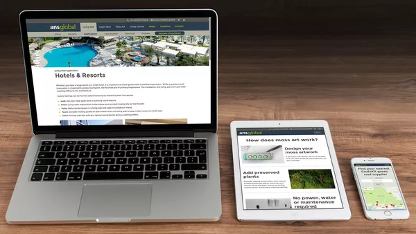 ANS Global: Company Website Hotels and Resorts page on an Apple Macbook, Moss Art page on an iPad and Find a GrufeKit Supplier page on an iPhone.