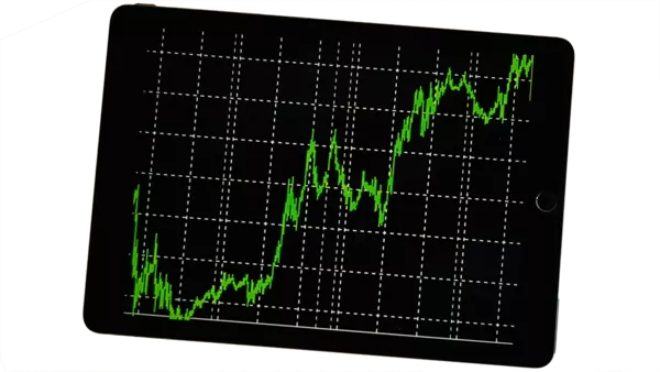 Positive trending upwards investor graph shown on an Apple iPad.