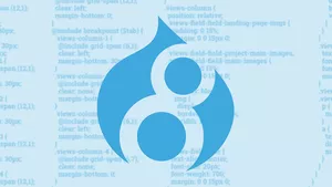 The drupal 8 logo on a blue background with some obscured lines of code.