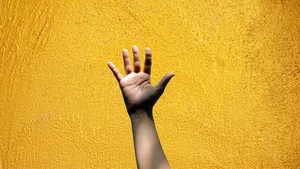 A hand with all four fingers and thumb up signifying '5 of something'" on a yellow gold textured backdrop.