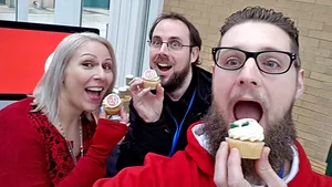 LTR: Julia, Barry and Darren eating Real Life Digital branded cup cakes.