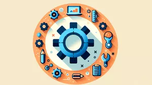 Illustration of a cog with surrounding technical drawings