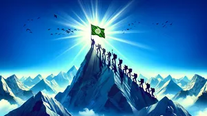 Illustration of people climbing a mountain peak with a successful free flag flown from the top